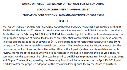 Notice of Public Hearing for School Facilities Fees - Level I